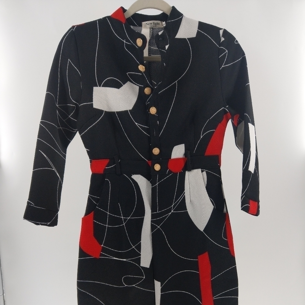 Red white&black abstract pattern‎ fitted dress